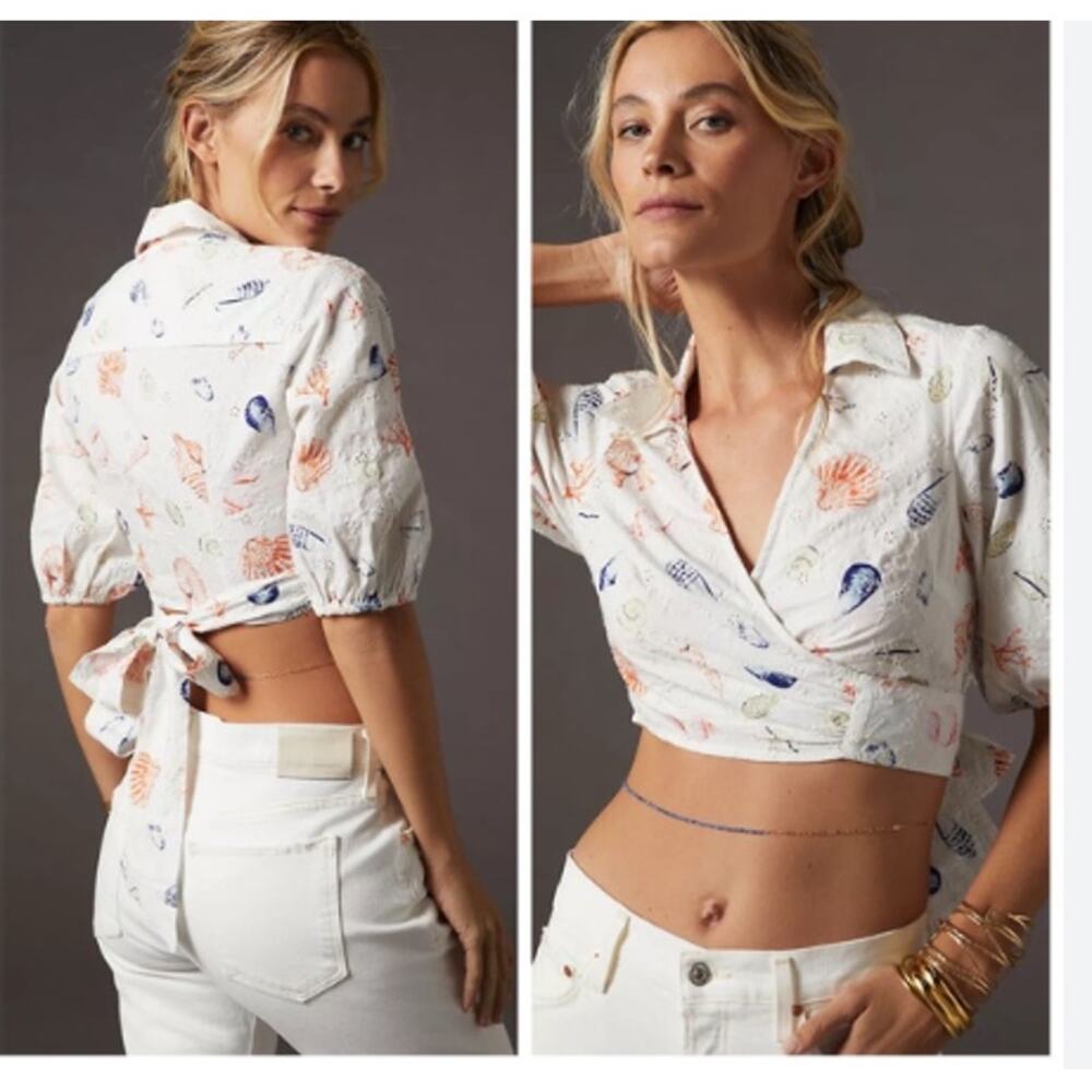 Maeve Anthropologie Seashell Print Wrap Eyelet Top Medium White Cropped